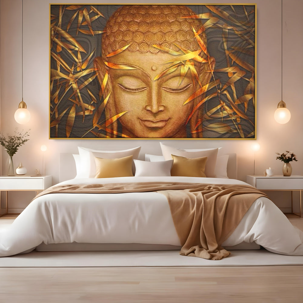 Tablou canvas cu tablou canvas cu chipul lui buddha, in rama de aluminiu auriu, pe perete intr-un dormitor