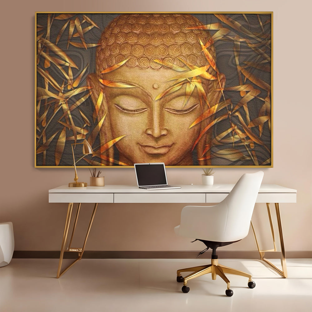 Tablou canvas cu tablou canvas cu chipul lui buddha, in rama de aluminiu auriu, pe perete intr-un birou