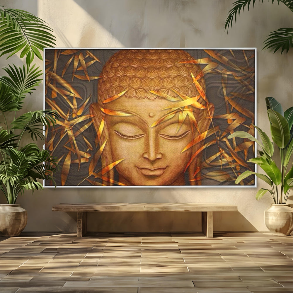 Tablou canvas cu tablou canvas cu chipul lui buddha, in rama de aluminiu argintiu