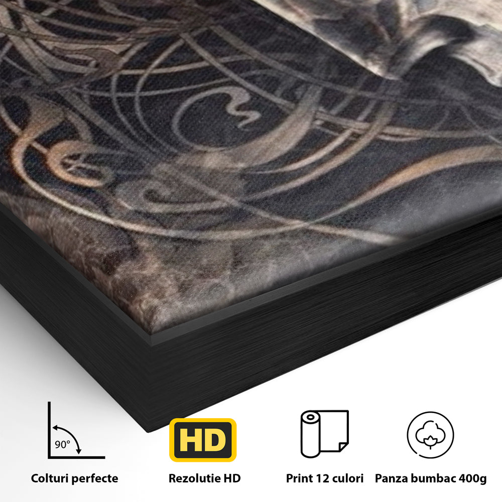 Detaliu al suprafetei: tablou canvas cu profil de buddha, in rama de aluminiu negru