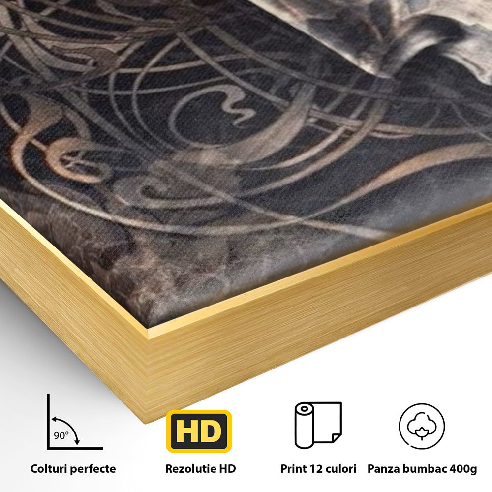 Detaliu al suprafetei: tablou canvas cu profil de buddha, in rama de aluminiu auriu