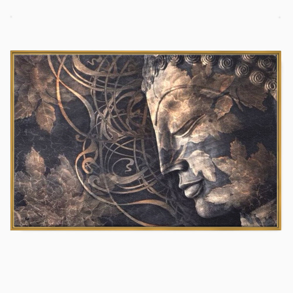 Tablou canvas cu tablou canvas cu profil de buddha, in rama de aluminiu auriu