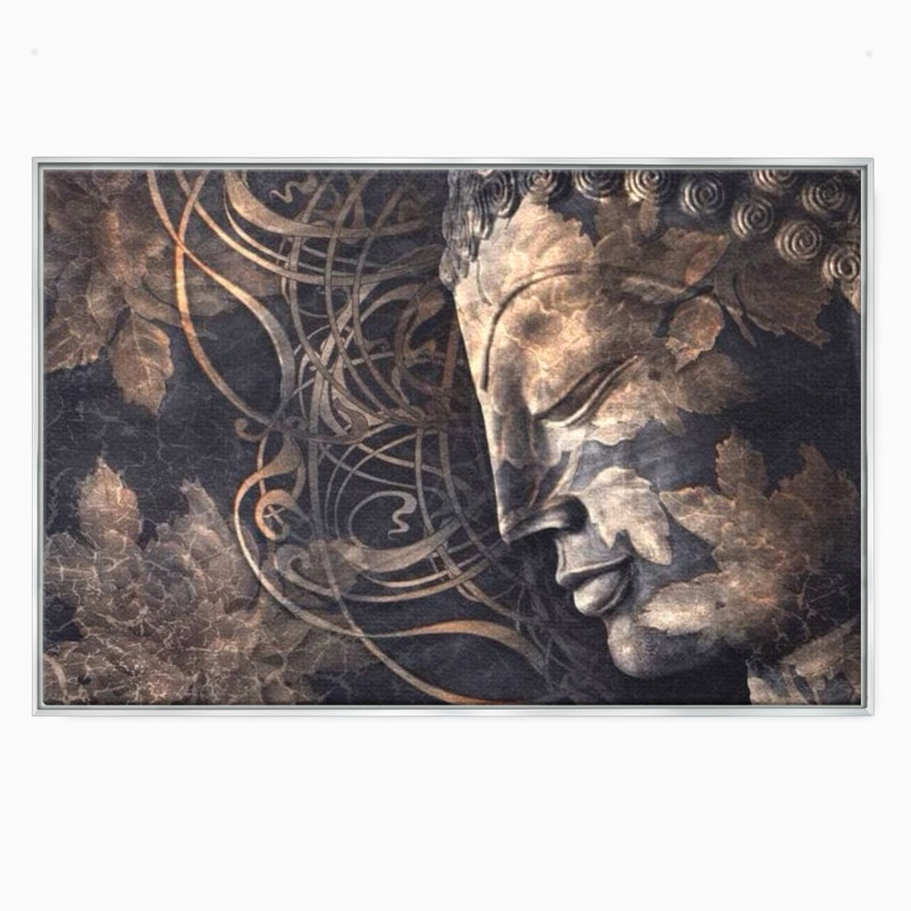 Tablou canvas cu tablou canvas cu profil de buddha, in rama de aluminiu argintiu