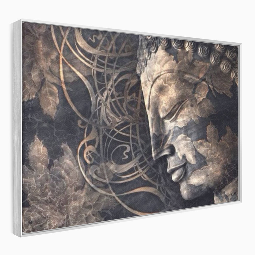 Tablou canvas cu tablou canvas cu profil de buddha, in rama de aluminiu argintiu