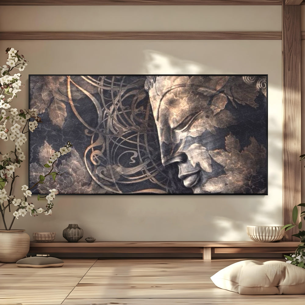 Tablou canvas cu tablou canvas cu profil de buddha, in rama de aluminiu negru