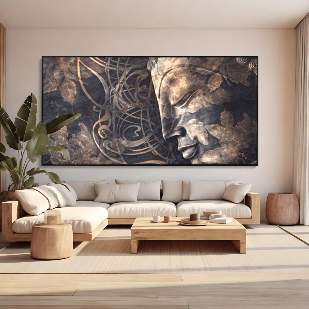 Tablou canvas cu tablou canvas cu profil de buddha, in rama de aluminiu negru, pe perete intr-un living