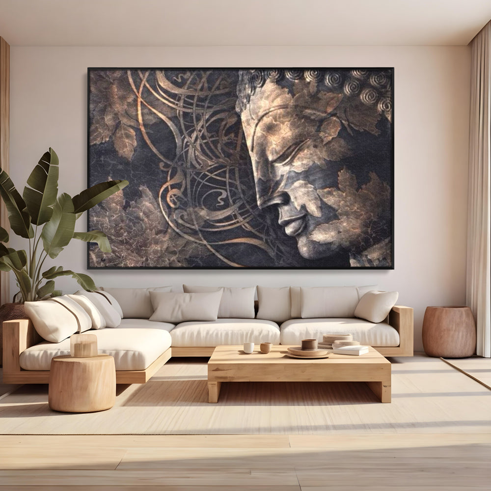 Tablou canvas cu tablou canvas cu profil de buddha, in rama de aluminiu negru, pe perete intr-un living