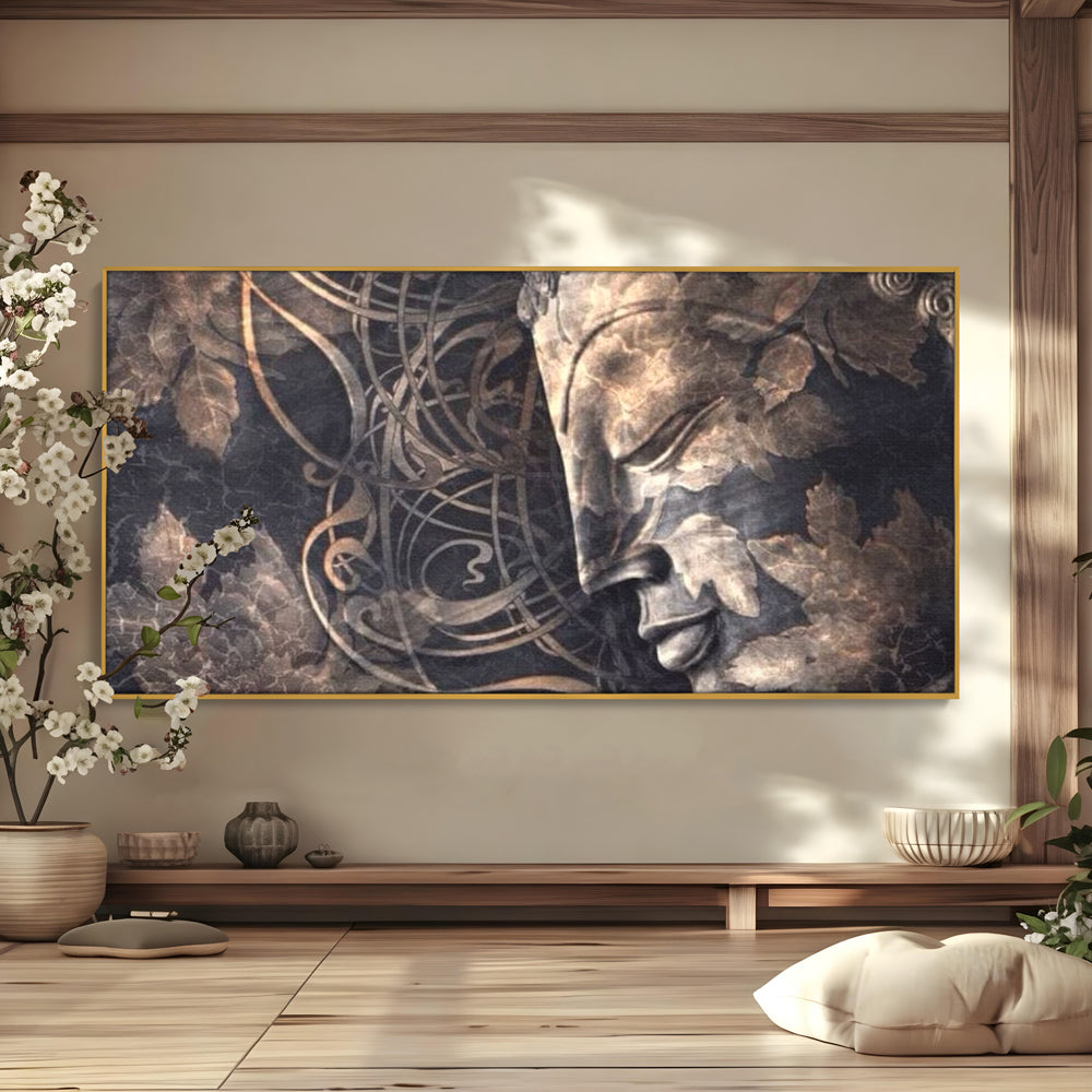 Tablou canvas cu tablou canvas cu profil de buddha, in rama de aluminiu auriu