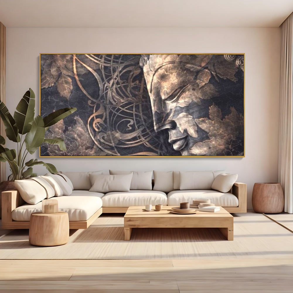 Tablou canvas cu tablou canvas cu profil de buddha, in rama de aluminiu auriu, pe perete intr-un living
