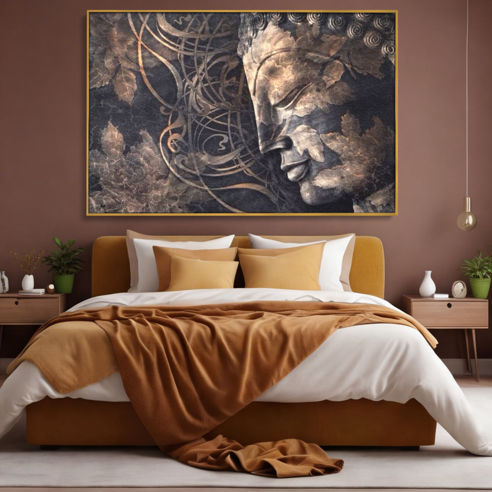 Tablou canvas cu tablou canvas cu profil de buddha, in rama de aluminiu auriu, pe perete intr-un dormitor