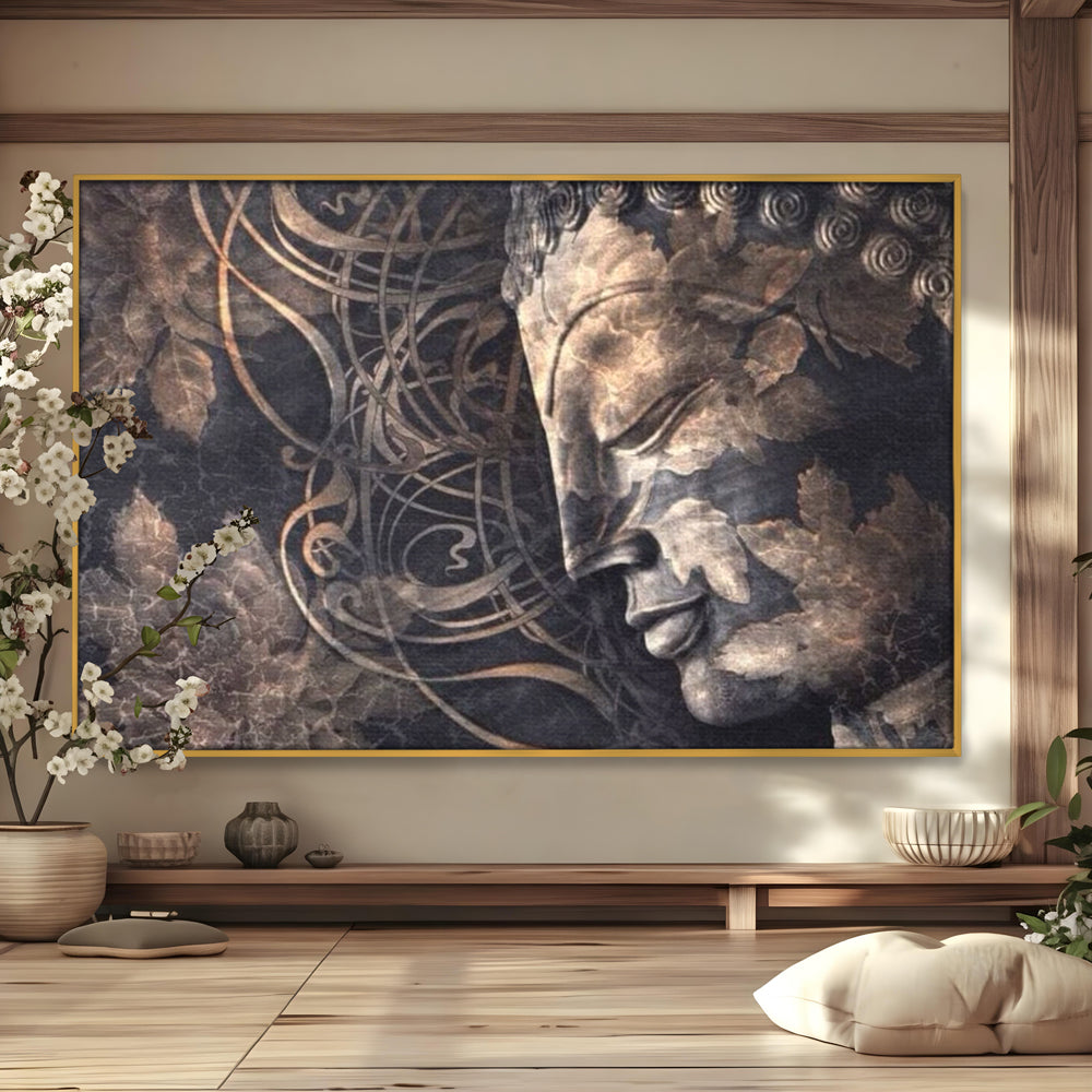 Tablou canvas cu tablou canvas cu profil de buddha, in rama de aluminiu auriu
