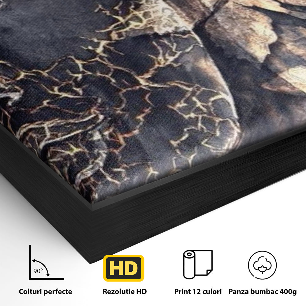Detaliu al suprafetei: tablou canvas cu chipul lui buddha, in rama de aluminiu negru