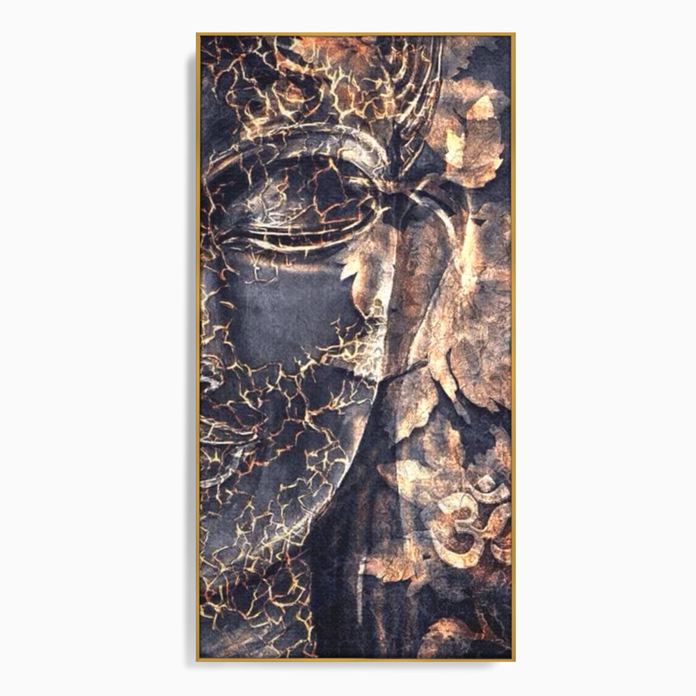 Tablou canvas cu tablou canvas cu chipul lui buddha, in rama de aluminiu auriu