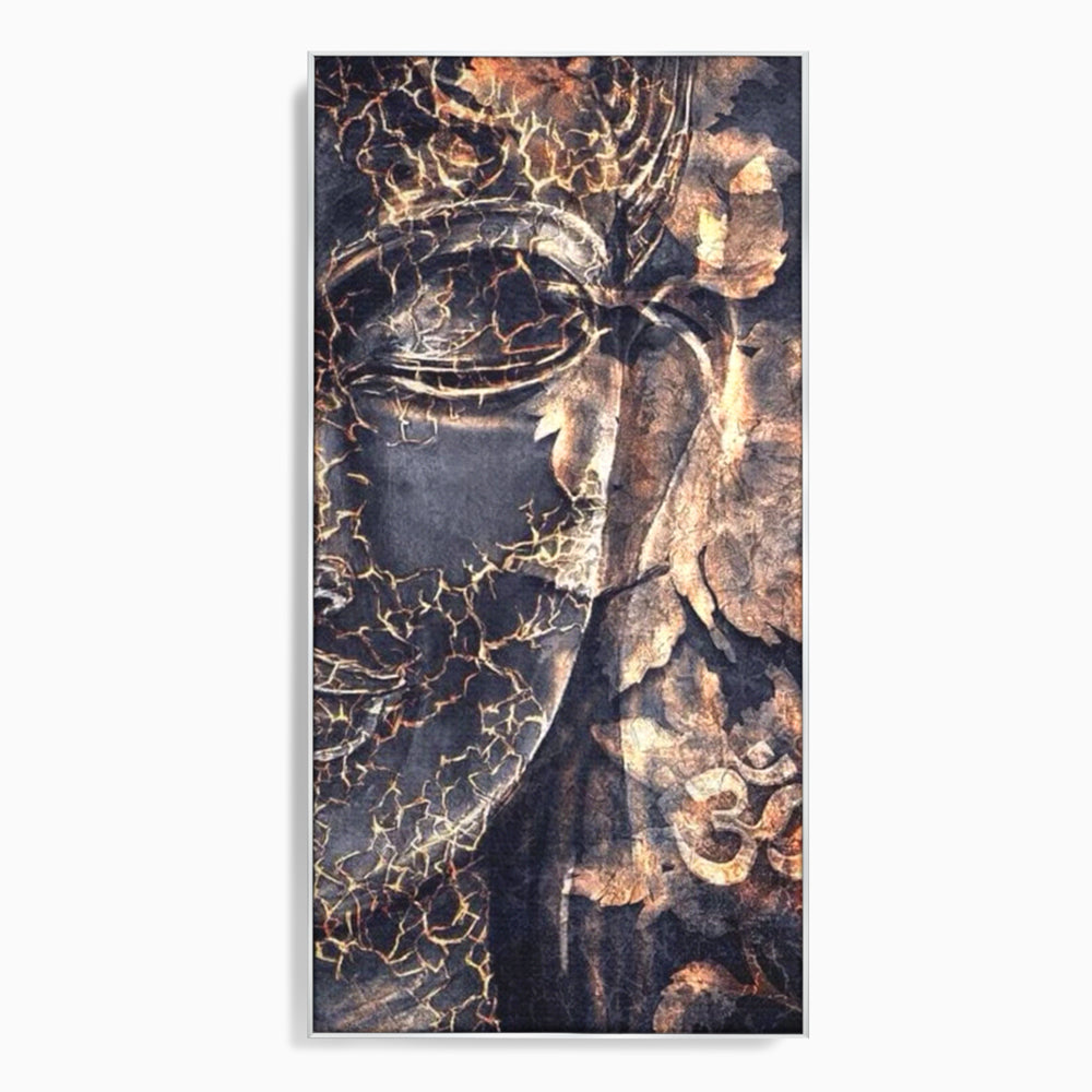 Tablou canvas cu tablou canvas cu chipul lui buddha, in rama de aluminiu argintiu