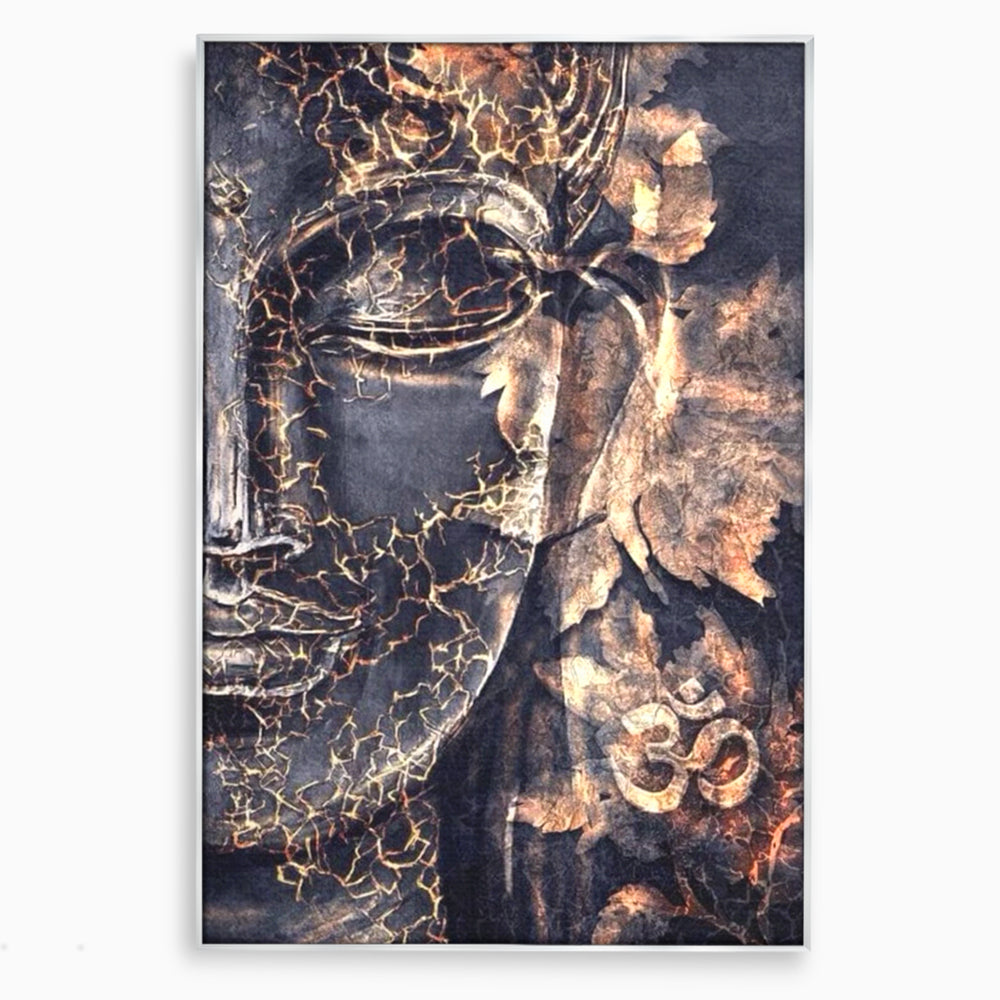 Tablou canvas cu tablou canvas cu chipul lui buddha, in rama de aluminiu argintiu