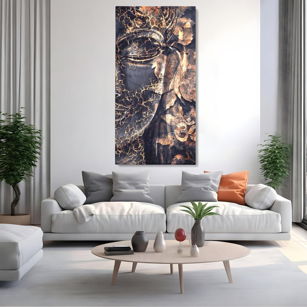 Tablou canvas cu tablou canvas cu chipul lui buddha, fara rama, pe sasiu de lemn, pe perete intr-un living