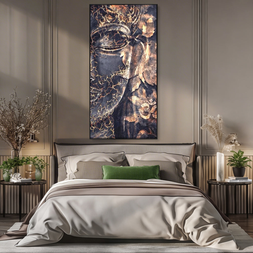 Tablou canvas cu tablou canvas cu chipul lui buddha, in rama de aluminiu negru, pe perete intr-un dormitor