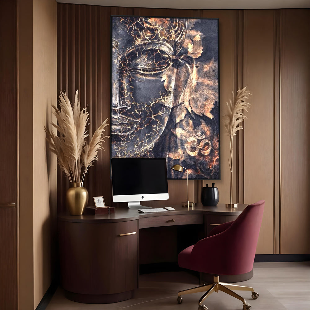 Tablou canvas cu tablou canvas cu chipul lui buddha, in rama de aluminiu negru, pe perete intr-un birou