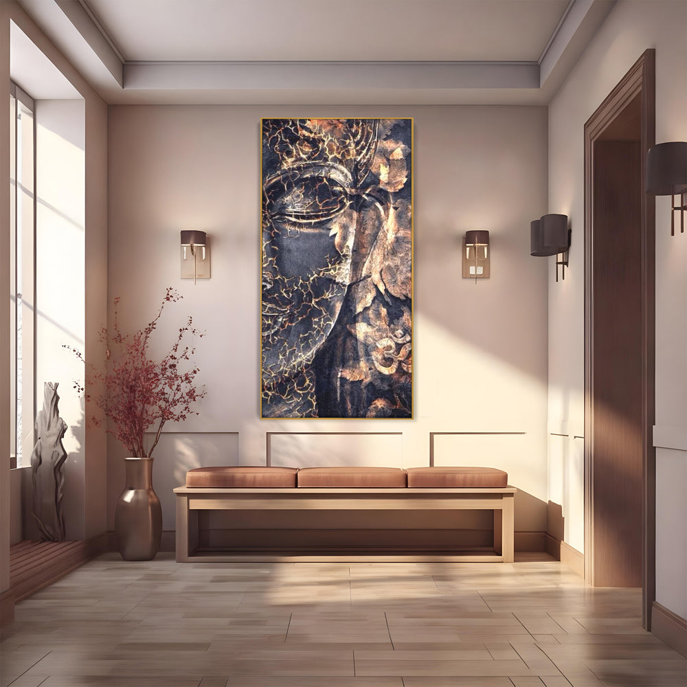 Tablou canvas cu tablou canvas cu chipul lui buddha, in rama de aluminiu auriu