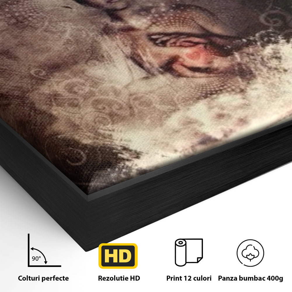 Detaliu al suprafetei: ilustratie digitala cu entitate meditativa si inima luminoasa, in rama de aluminiu negru