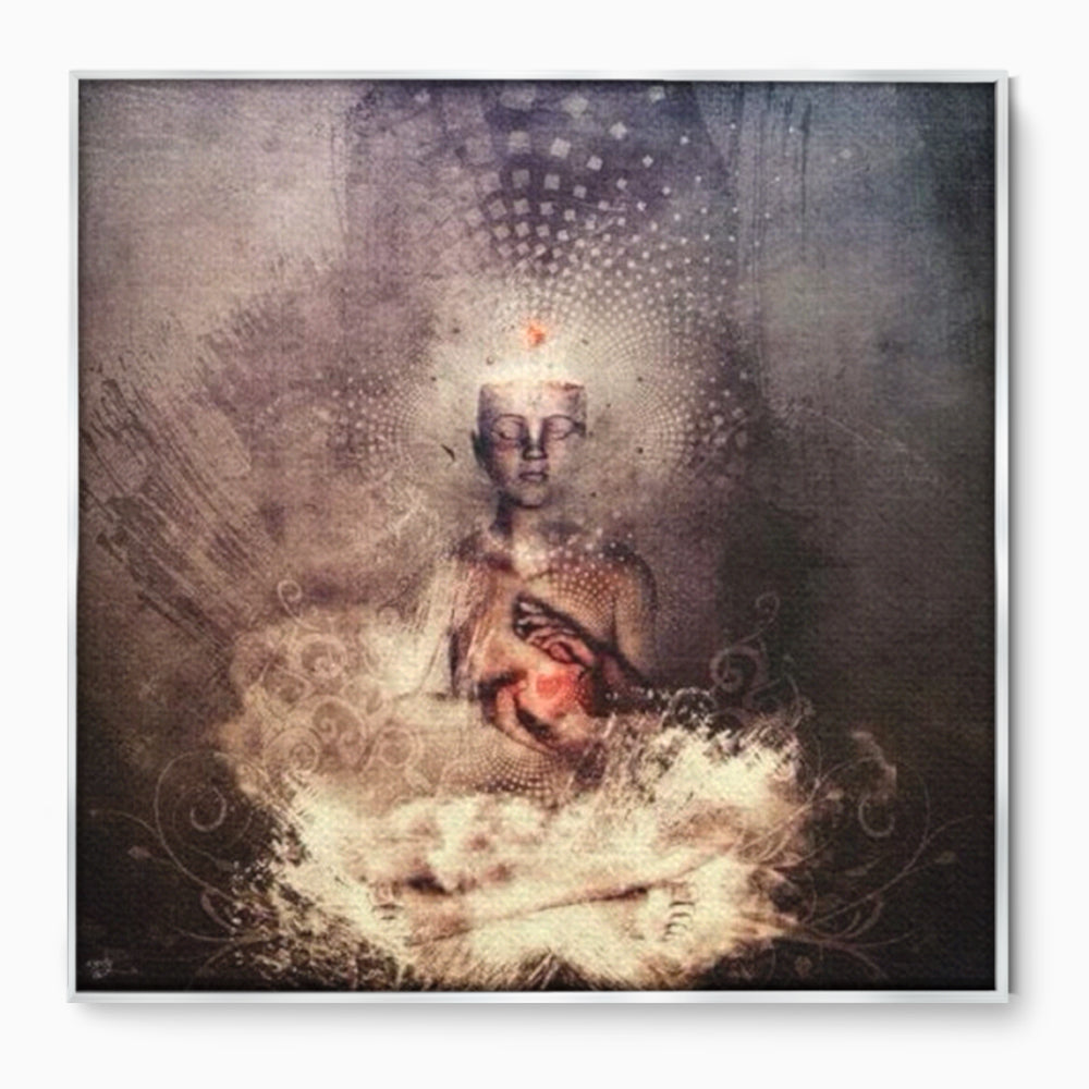 Tablou canvas cu ilustratie digitala cu entitate meditativa si inima luminoasa, in rama de aluminiu argintiu