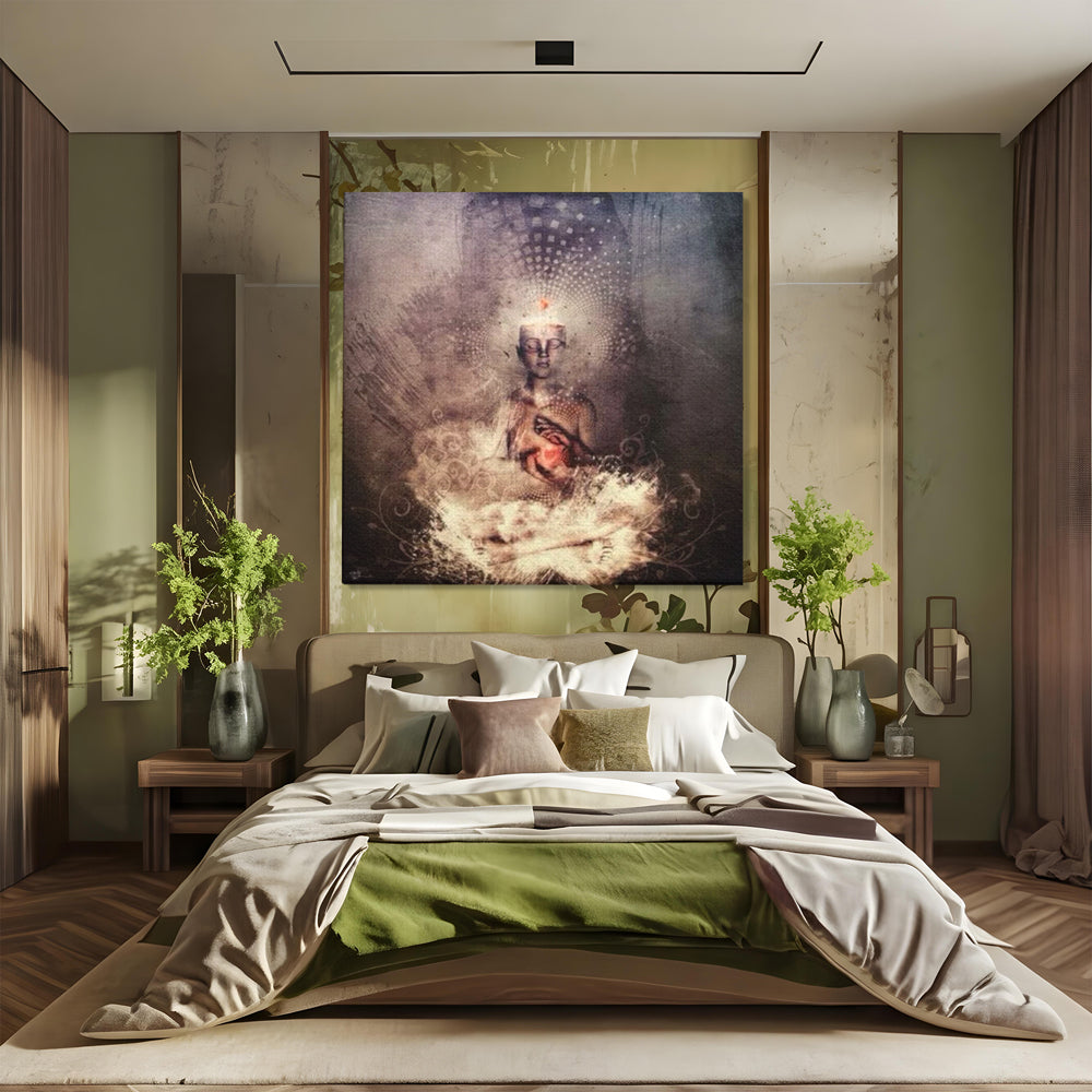 Tablou canvas cu ilustratie digitala cu entitate meditativa si inima luminoasa, fara rama, pe sasiu de lemn, pe perete intr-un dormitor