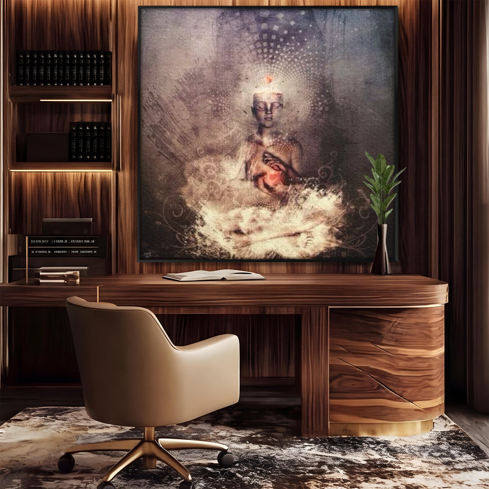 Tablou canvas cu ilustratie digitala cu entitate meditativa si inima luminoasa, in rama de aluminiu negru, pe perete intr-un birou