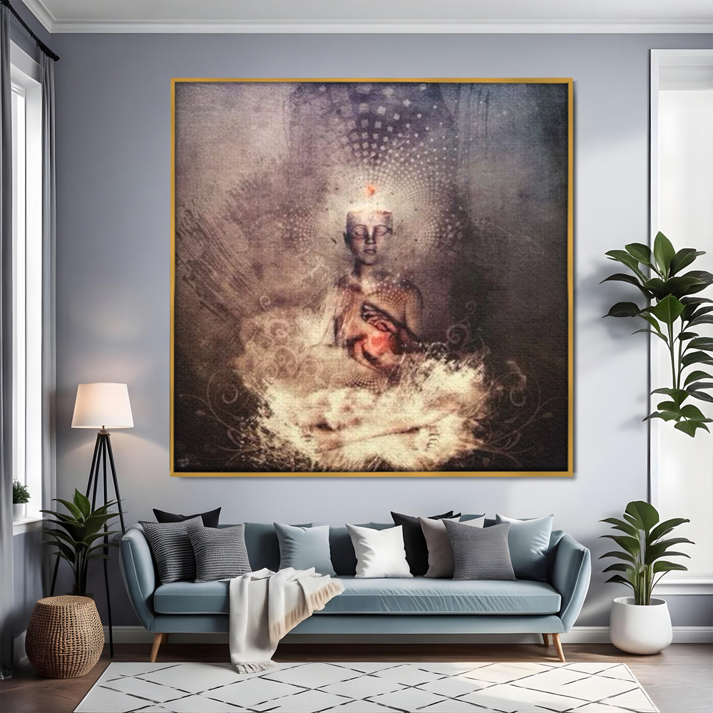 Tablou canvas cu ilustratie digitala cu entitate meditativa si inima luminoasa, in rama de aluminiu auriu, pe perete intr-un living