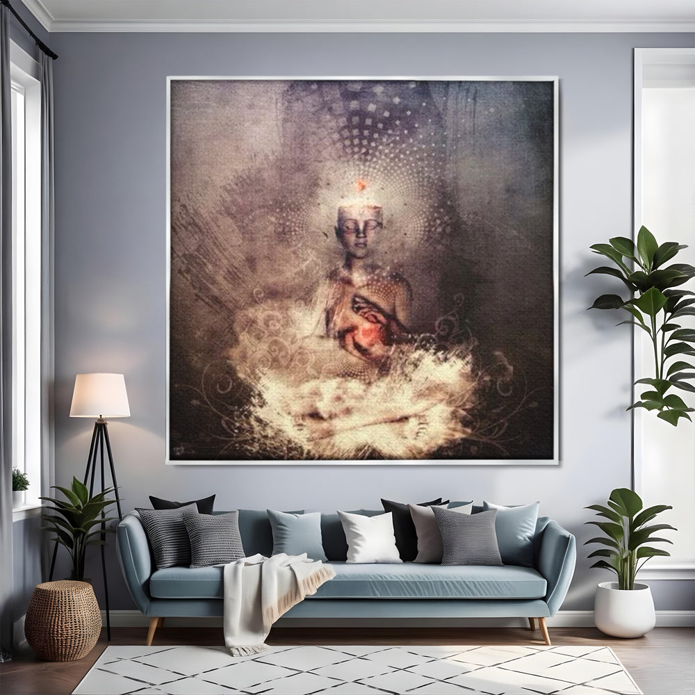 Tablou canvas cu ilustratie digitala cu entitate meditativa si inima luminoasa, in rama de aluminiu argintiu, pe perete intr-un living