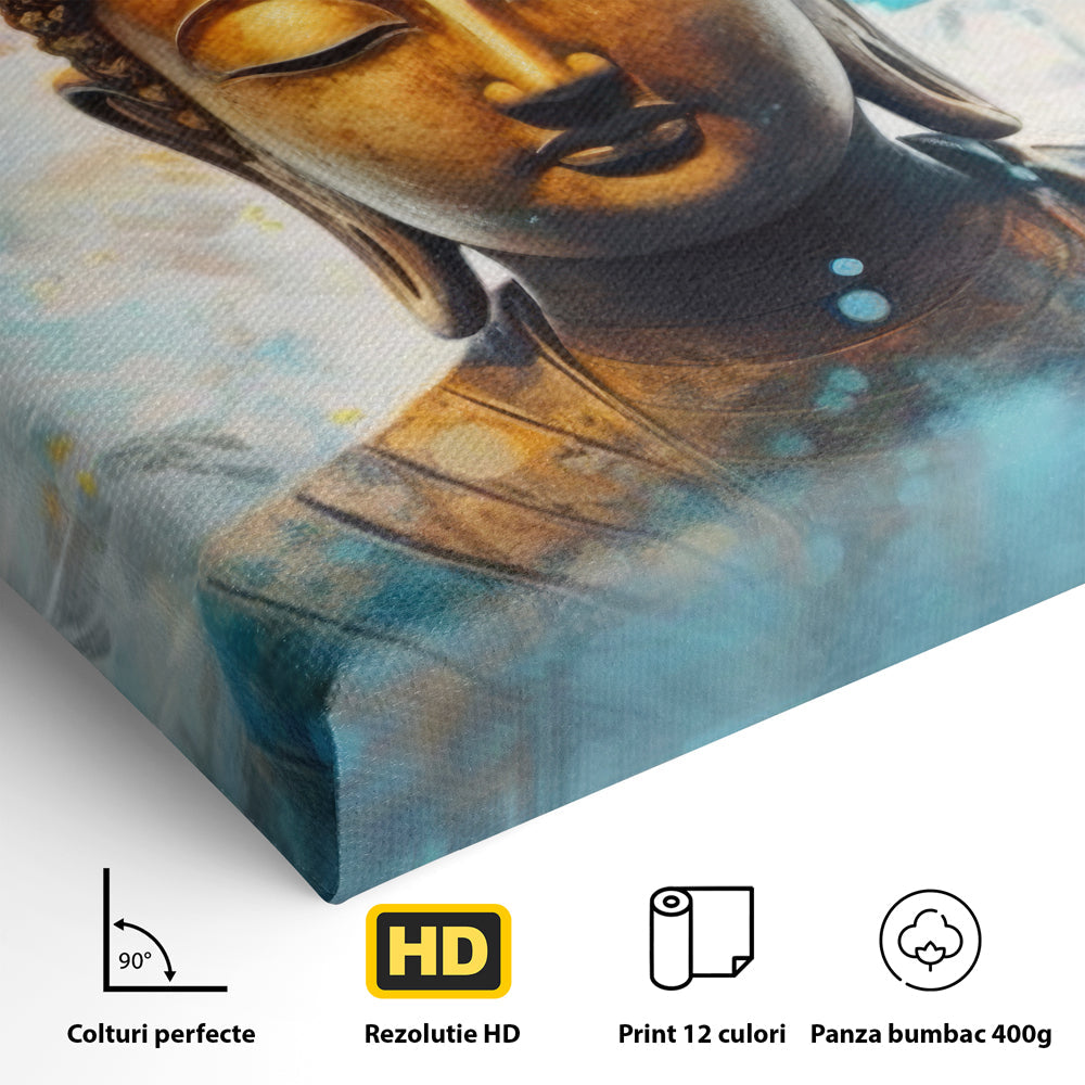 Detaliu al suprafetei: tablou canvas cu bustul lui buddha, fara rama, pe sasiu de lemn