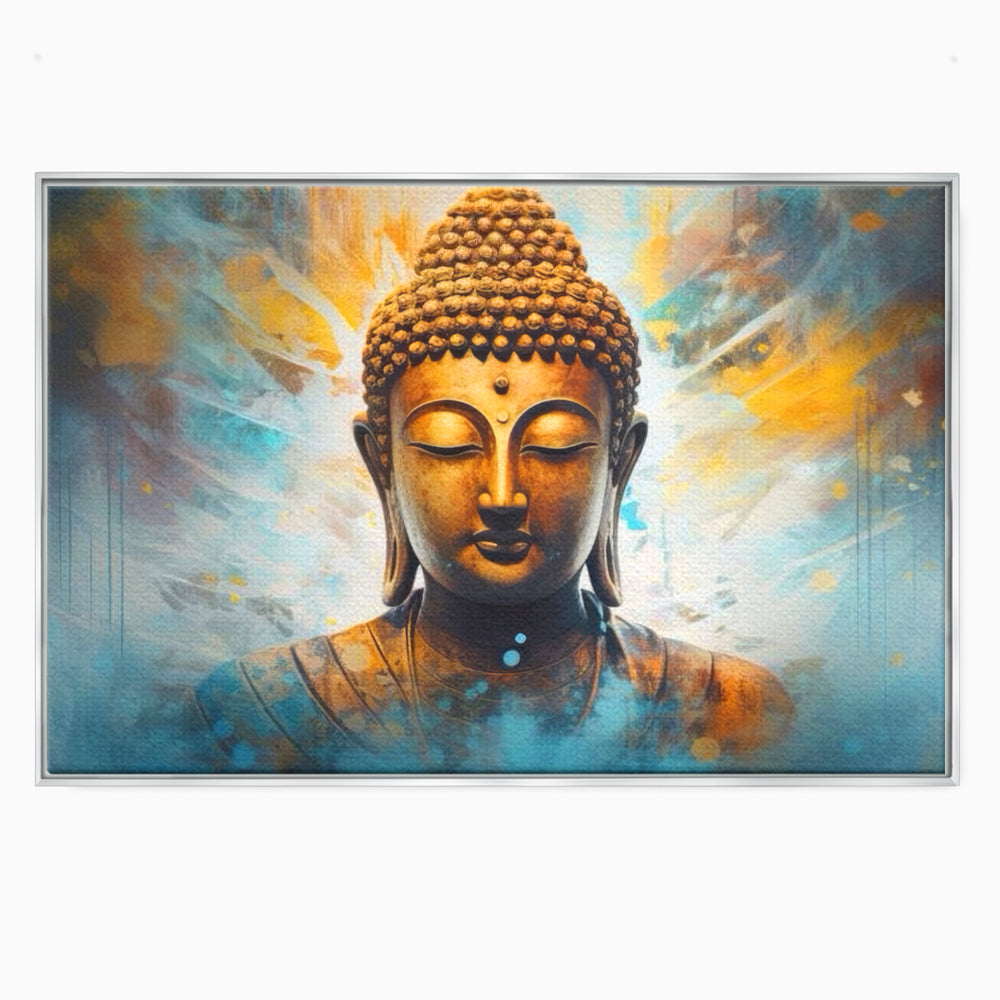 Tablou canvas cu tablou canvas cu bustul lui buddha, in rama de aluminiu argintiu