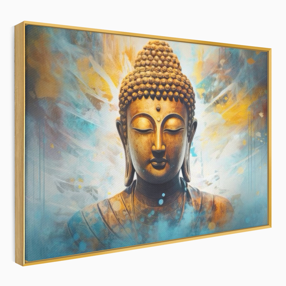 Tablou canvas cu tablou canvas cu bustul lui buddha, in rama de aluminiu auriu