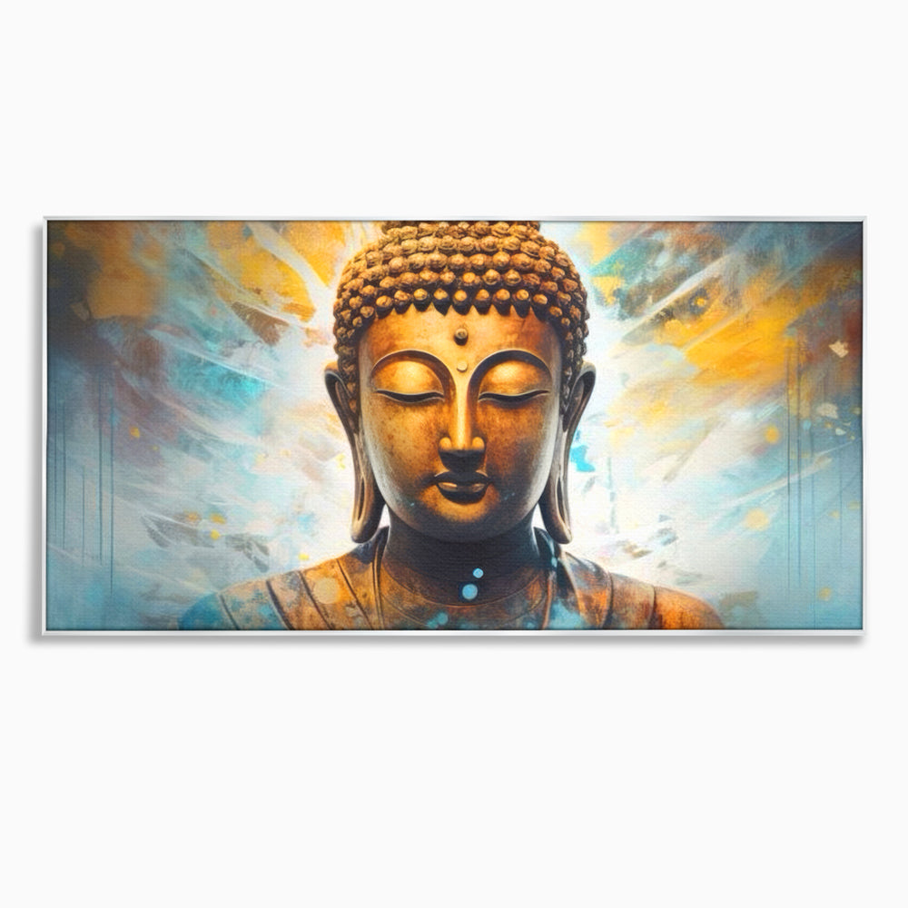 Tablou canvas cu tablou canvas cu bustul lui buddha, in rama de aluminiu argintiu