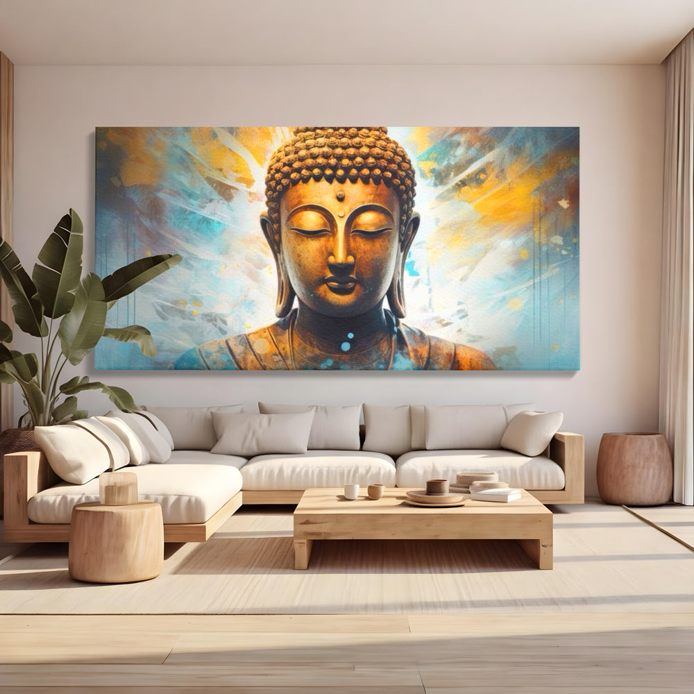 Tablou canvas cu tablou canvas cu bustul lui buddha, fara rama, pe sasiu de lemn, pe perete intr-un living