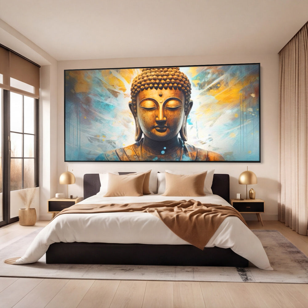 Tablou canvas cu tablou canvas cu bustul lui buddha, in rama de aluminiu negru, pe perete intr-un dormitor