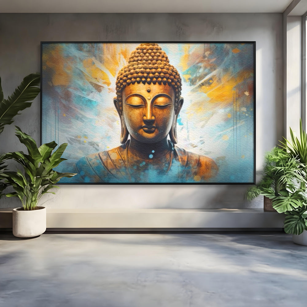 Tablou canvas cu tablou canvas cu bustul lui buddha, in rama de aluminiu negru