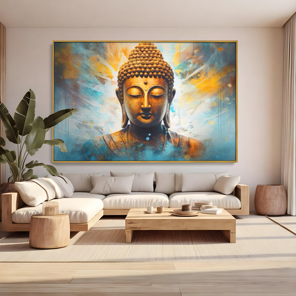 Tablou canvas cu tablou canvas cu bustul lui buddha, in rama de aluminiu auriu, pe perete intr-un living