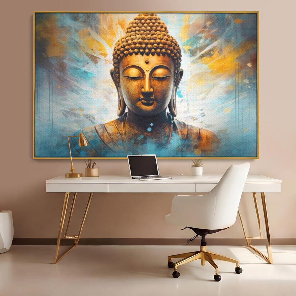 Tablou canvas cu tablou canvas cu bustul lui buddha, in rama de aluminiu auriu, pe perete intr-un birou