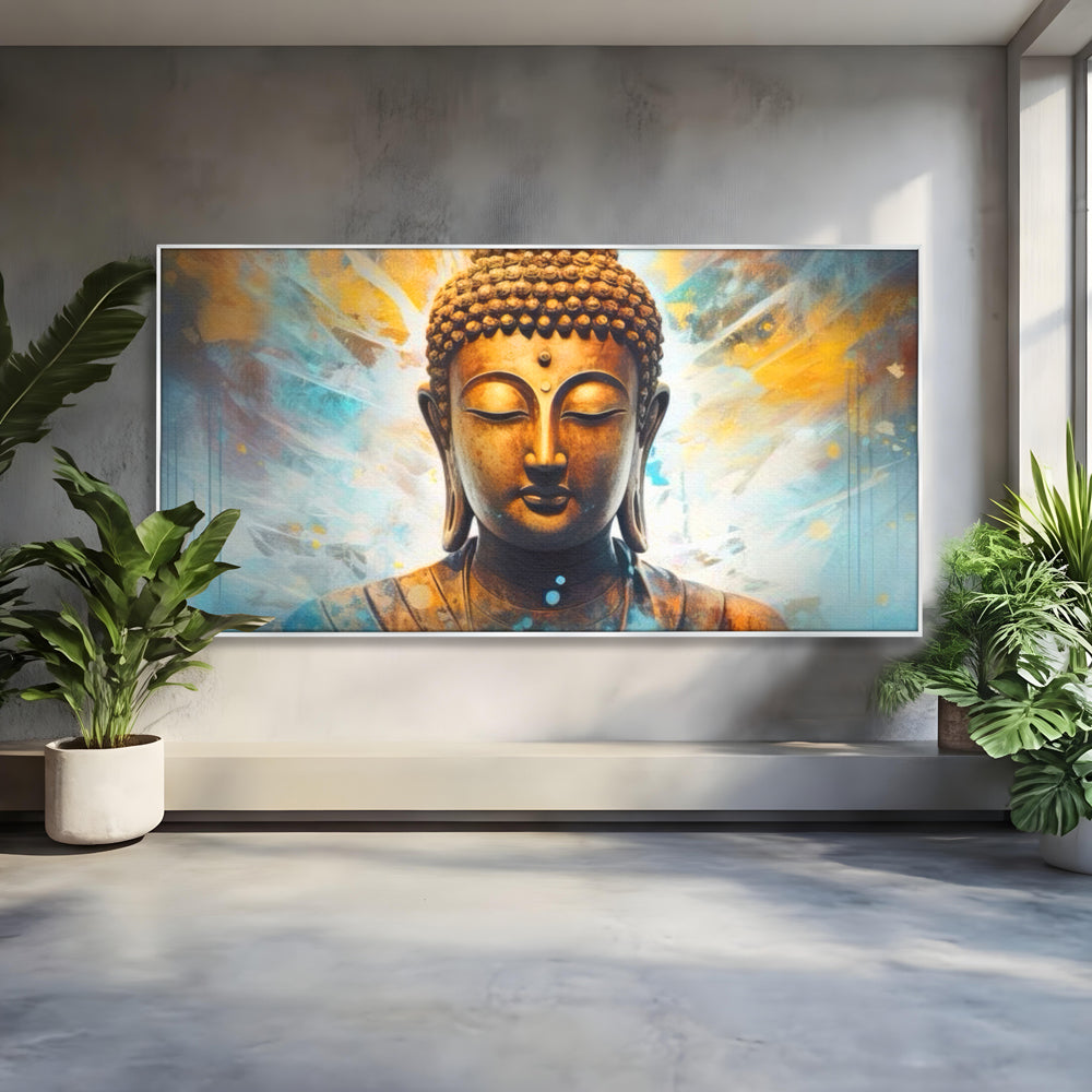 Tablou canvas cu tablou canvas cu bustul lui buddha, in rama de aluminiu argintiu