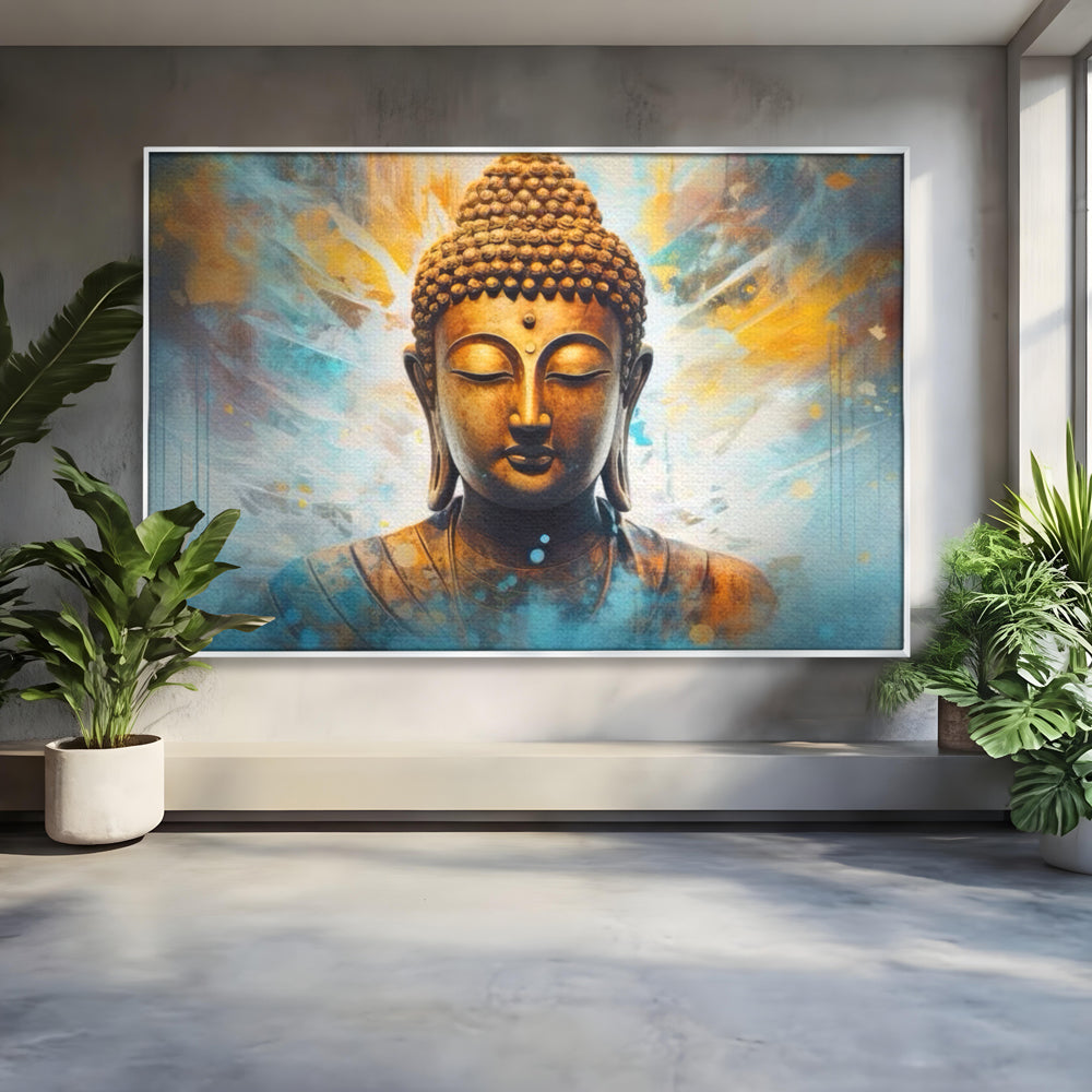Tablou canvas cu tablou canvas cu bustul lui buddha, in rama de aluminiu argintiu