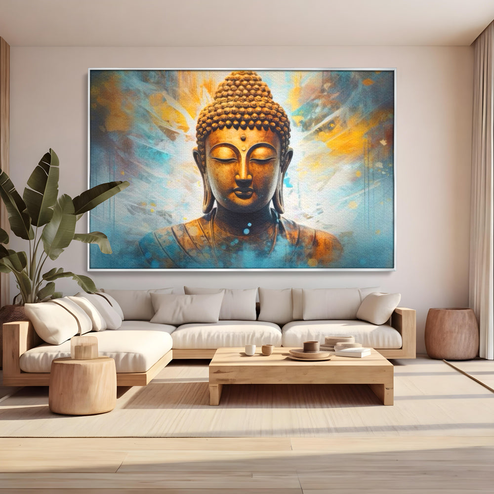 Tablou canvas cu tablou canvas cu bustul lui buddha, in rama de aluminiu argintiu, pe perete intr-un living