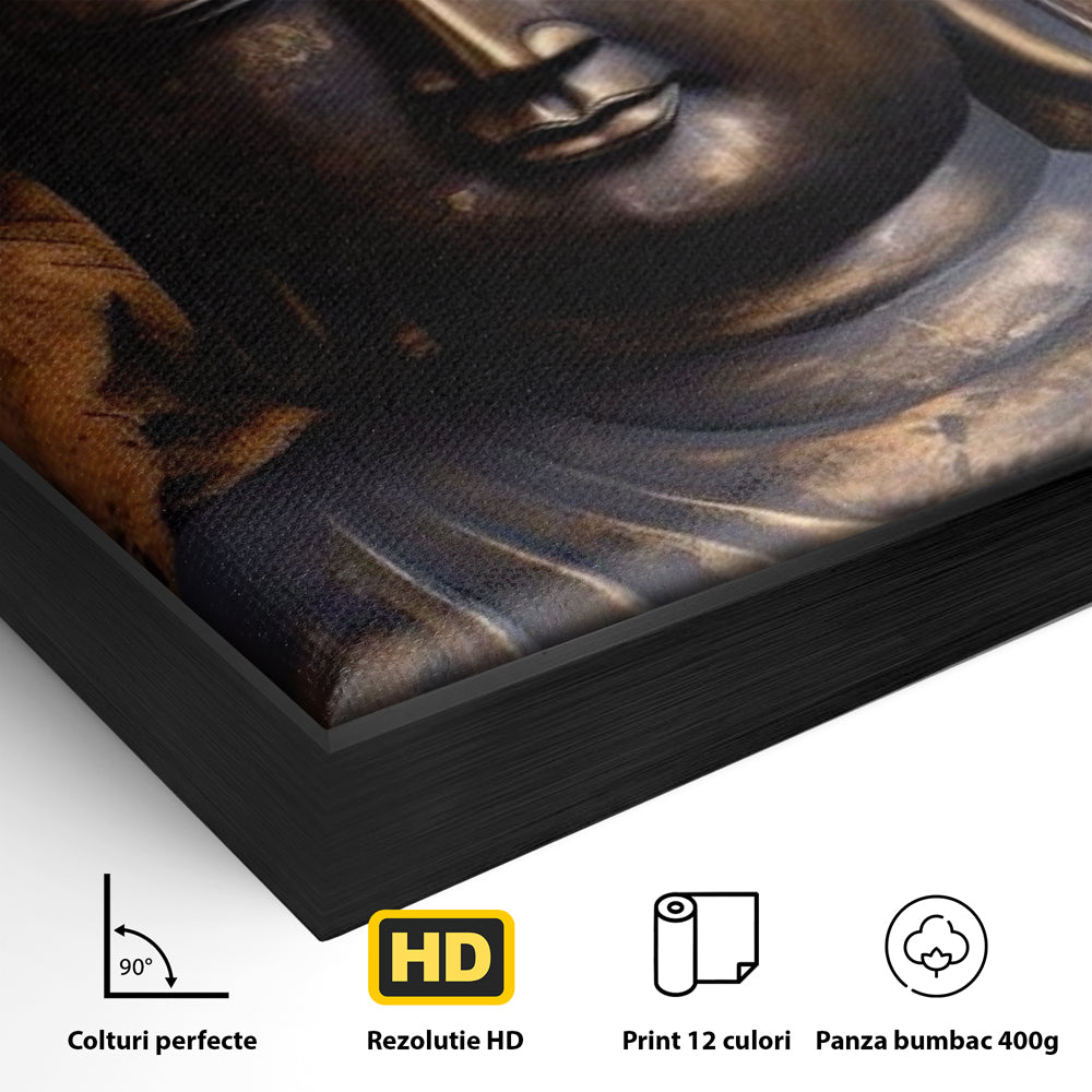 Detaliu al suprafetei: tablou canvas cu buddha si flori de lotus, in rama de aluminiu negru