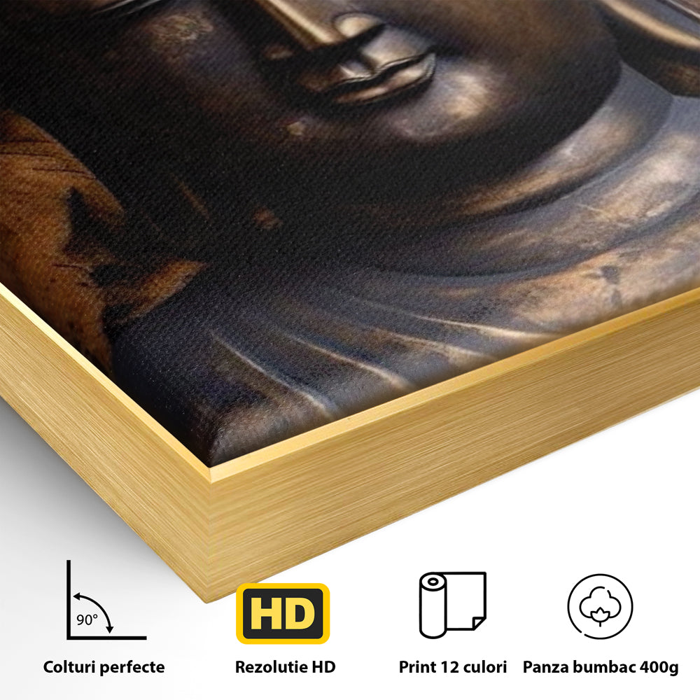 Detaliu al suprafetei: tablou canvas cu buddha si flori de lotus, in rama de aluminiu auriu