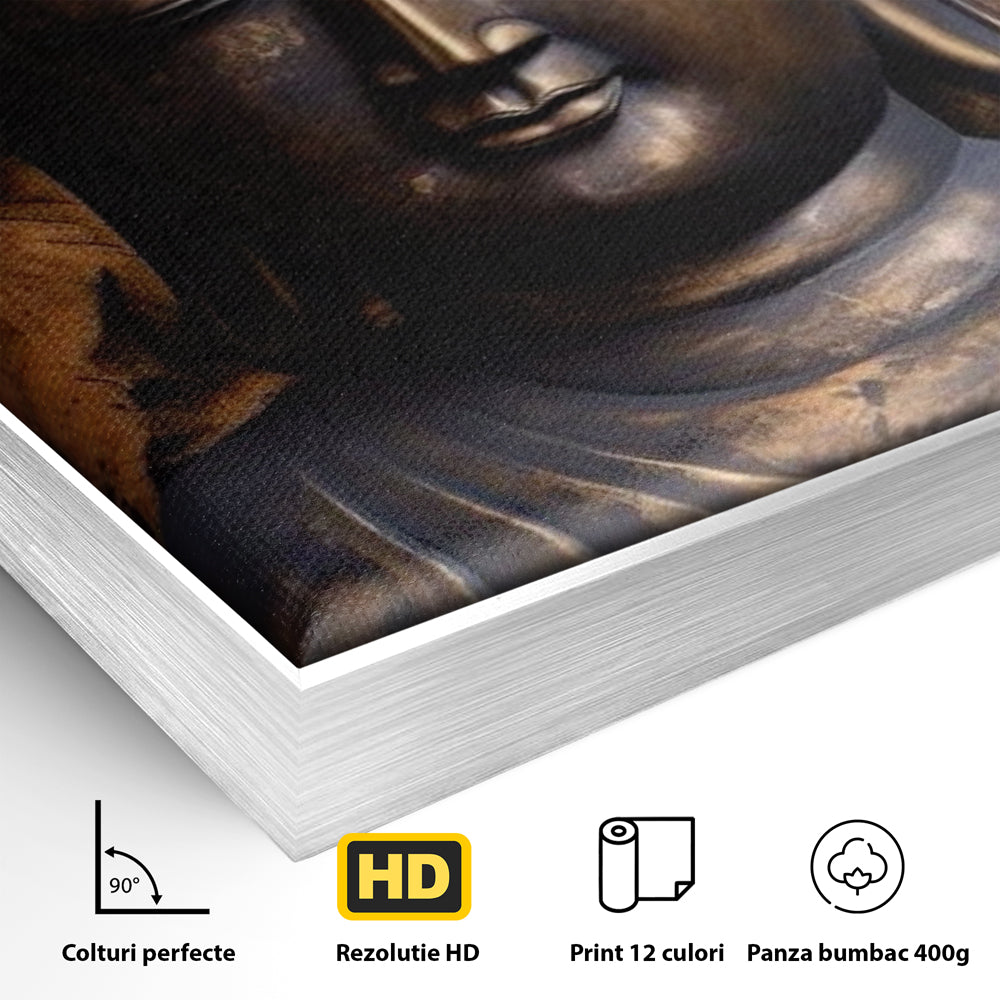 Detaliu al suprafetei: tablou canvas cu buddha si flori de lotus, in rama de aluminiu argintiu