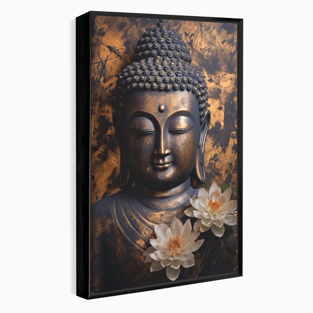 Tablou canvas cu tablou canvas cu buddha si flori de lotus, in rama de aluminiu negru