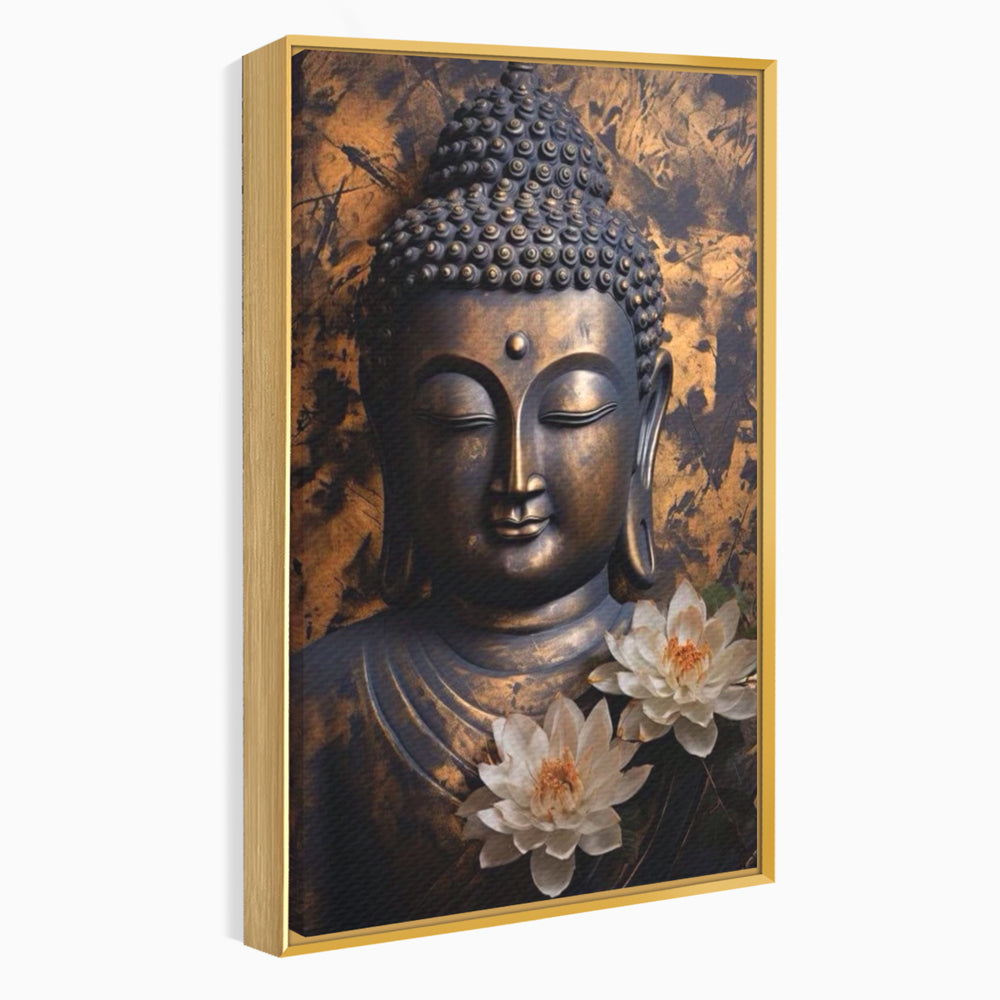 Tablou canvas cu tablou canvas cu buddha si flori de lotus, in rama de aluminiu auriu