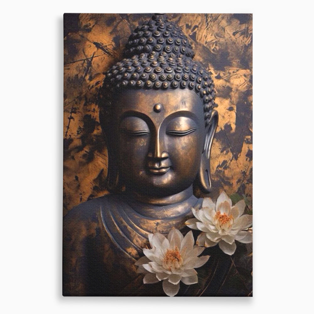 Tablou canvas cu tablou canvas cu buddha si flori de lotus, fara rama, pe sasiu de lemn