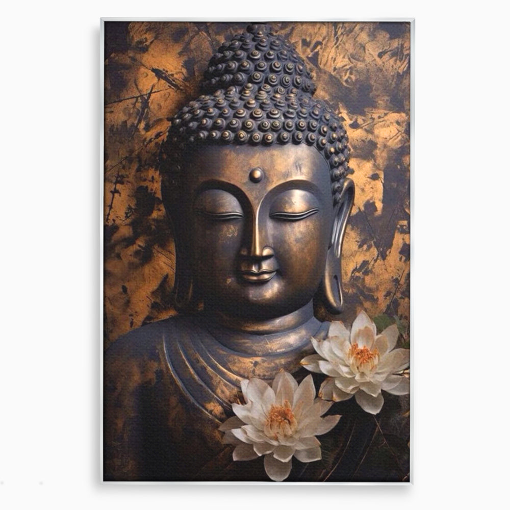Tablou canvas cu tablou canvas cu buddha si flori de lotus, in rama de aluminiu argintiu