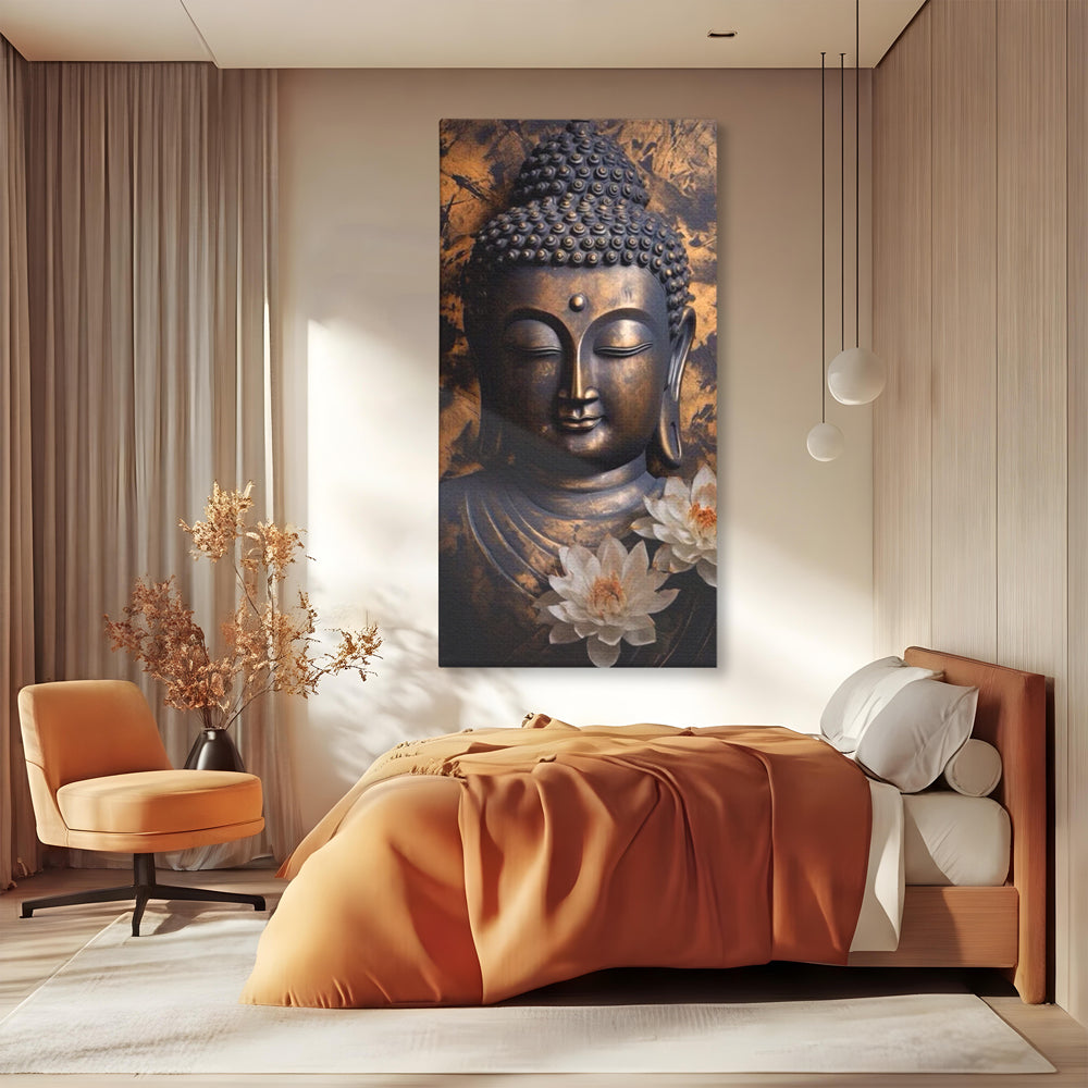 Tablou canvas cu tablou canvas cu buddha si flori de lotus, fara rama, pe sasiu de lemn, pe perete intr-un dormitor