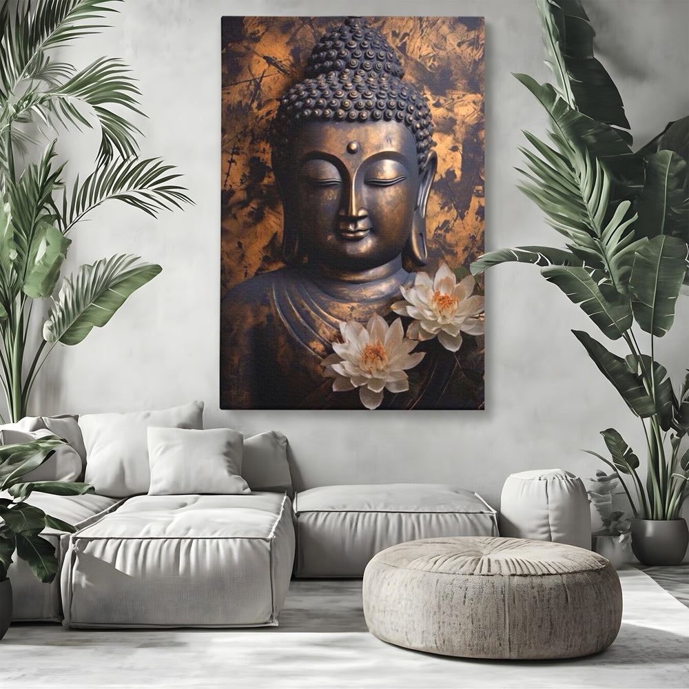 Tablou canvas cu tablou canvas cu buddha si flori de lotus, fara rama, pe sasiu de lemn, pe perete intr-un living